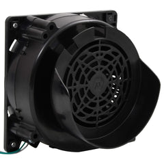Black square industrial fan with wire guard and mounting brackets.