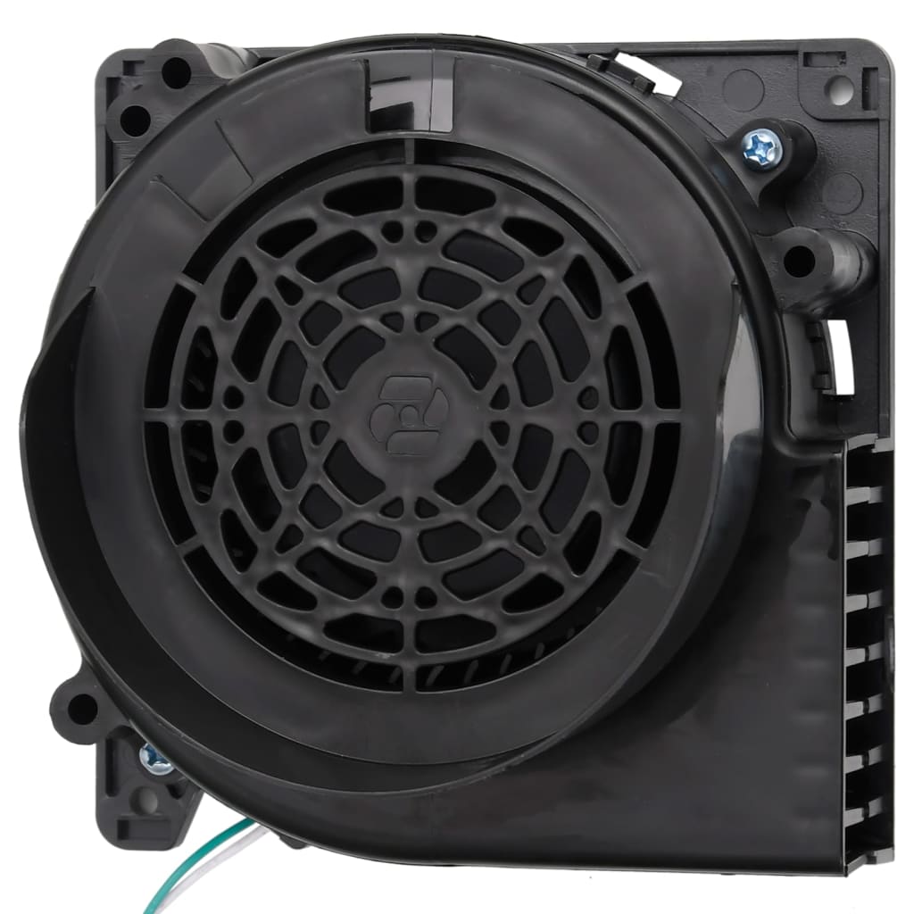 Black square fan unit with mesh grille and mounting brackets for LED string lights.