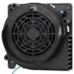 Black square fan unit with mesh grille and mounting brackets for LED string lights.