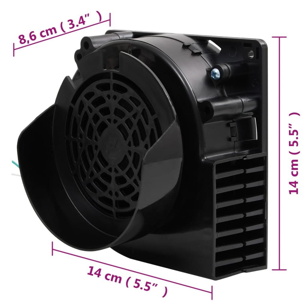 Black plastic fan unit for LED string lights, measuring 14 cm by 8.6 cm, with vents and mounting brackets.