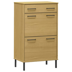 Brown solid pine wood shoe rack with metal legs, one drawer, and two doors.