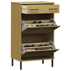 Brown solid pine wood shoe rack with metal legs, one drawer, and two doors.