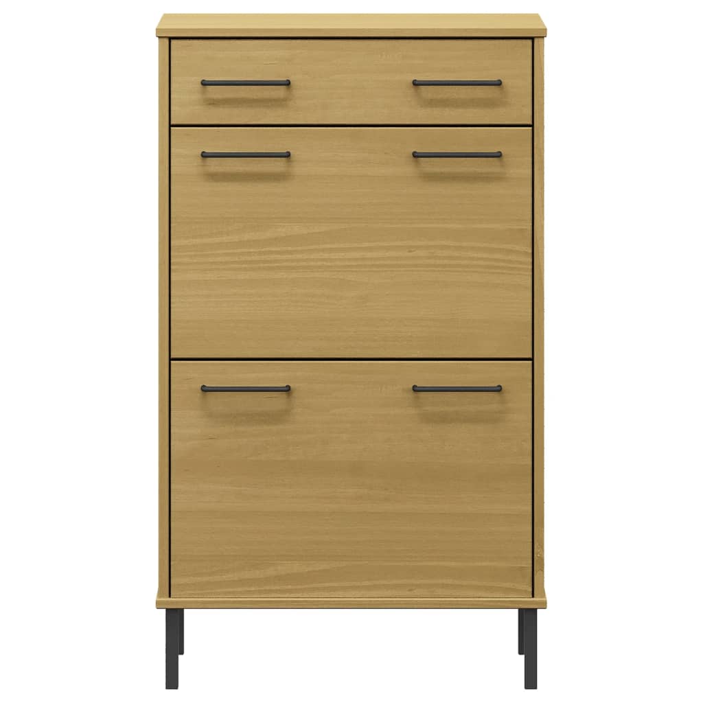 Brown solid pine wood shoe rack with metal legs, one drawer, and two doors.