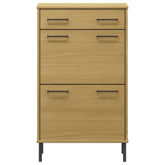 Brown solid pine wood shoe rack with metal legs, one drawer, and two doors.