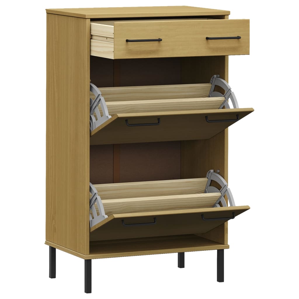 Brown solid pine wood shoe rack with metal legs, one drawer, and two tilt-out compartments.