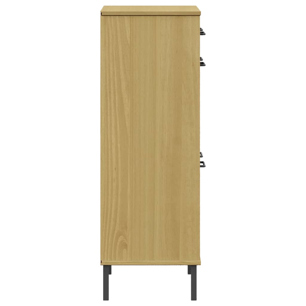 Brown solid pine wood shoe rack with metal legs, side view showing drawers and doors.