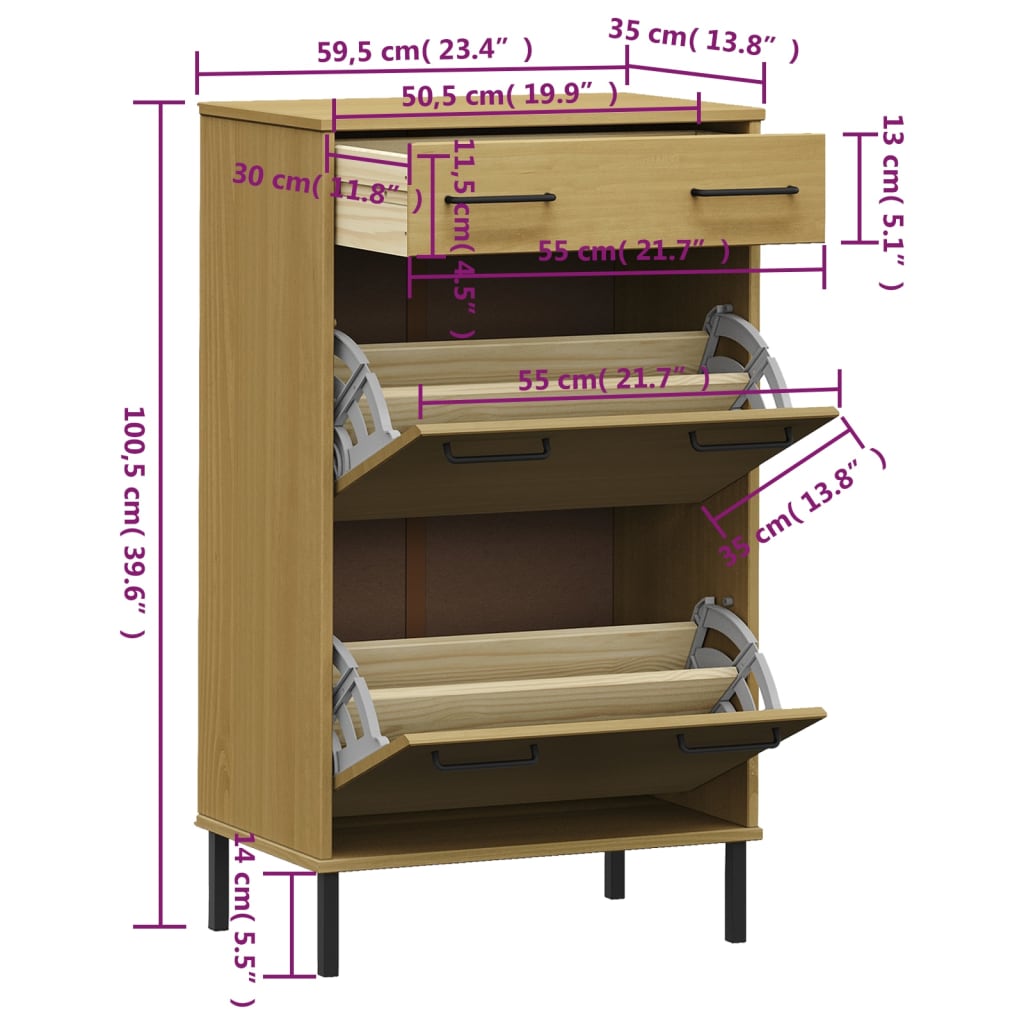 Brown solid pine wood shoe rack with metal legs, one drawer, and two tilt-out compartments.