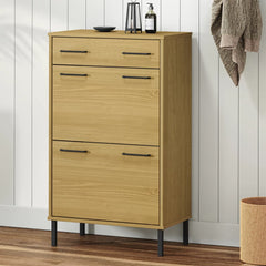 Brown solid pine wood shoe rack with metal legs, one drawer, two doors, and a top shelf.