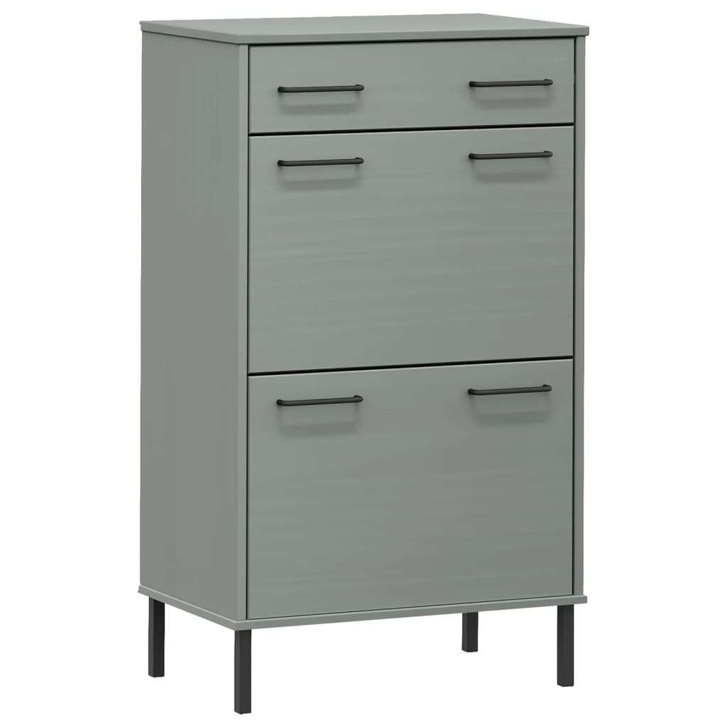 Gray solid pine wood shoe rack with metal legs, featuring a drawer and two doors for storage.