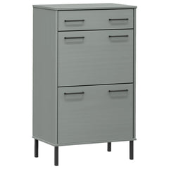 Gray solid pine wood shoe rack with metal legs, featuring a drawer and two doors for storage.