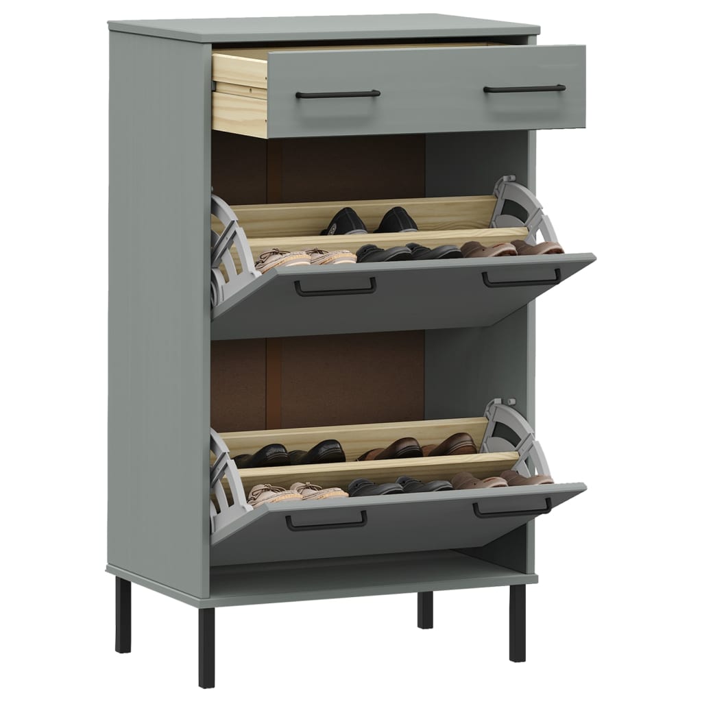 Gray solid pine wood shoe rack with metal legs, featuring a drawer and two doors for storage.