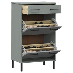 Gray solid pine wood shoe rack with metal legs, featuring a drawer and two doors for storage.