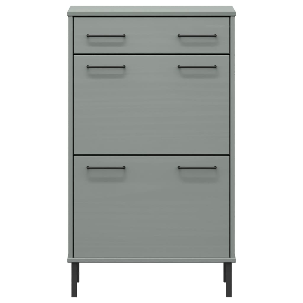 Gray solid pine wood shoe rack with metal legs, featuring one drawer and two doors.