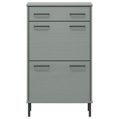 Gray solid pine wood shoe rack with metal legs, featuring one drawer and two doors.