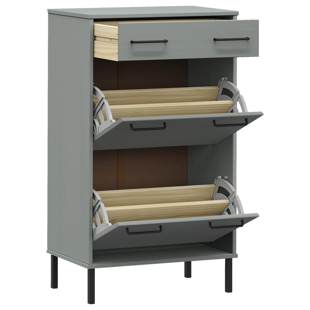 Gray solid pine wood shoe rack with metal legs, featuring one drawer and two doors.