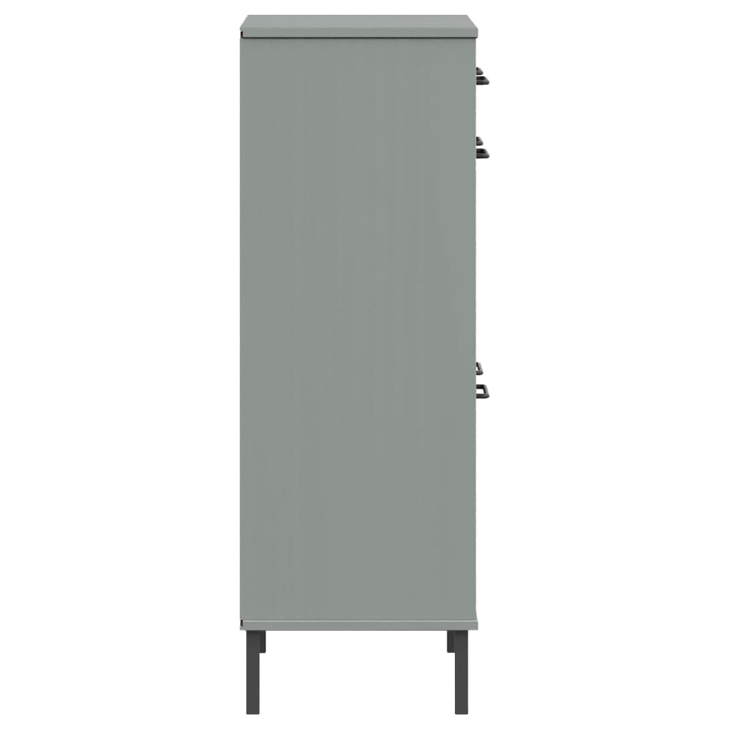 Gray solid pine wood shoe rack with metal legs, featuring a drawer and two doors for storage.