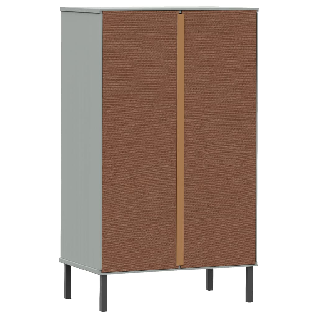 Gray solid pine wood shoe rack with metal legs, featuring a drawer and two doors for storage.