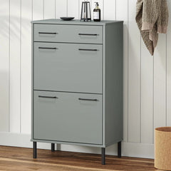 Gray solid pine wood shoe rack with metal legs, featuring a drawer and two doors.