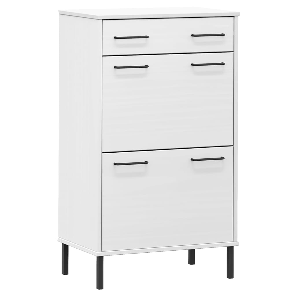 White solid pine wood shoe rack with metal legs, one drawer, and two doors.