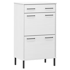 White solid pine wood shoe rack with metal legs, one drawer, and two doors.