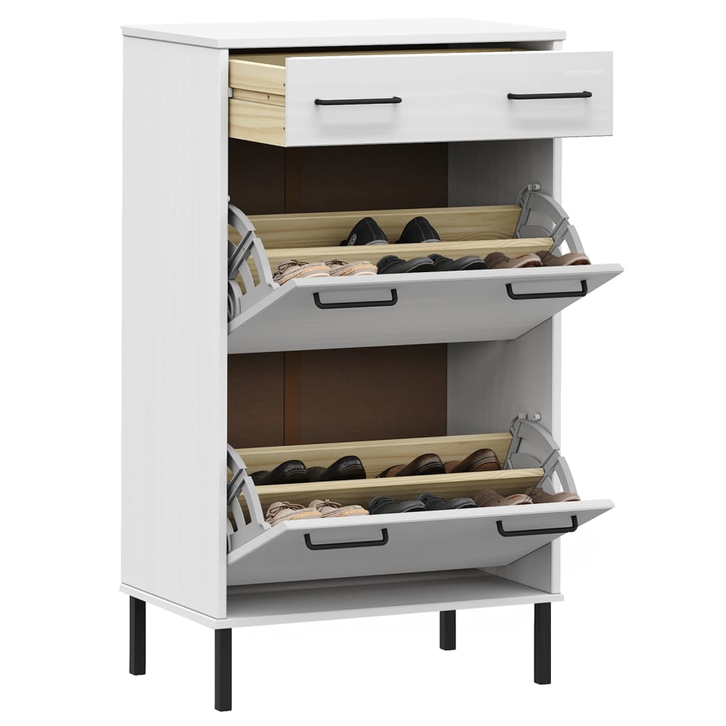 White solid pine wood shoe rack with metal legs, two tilt-out compartments and one drawer.