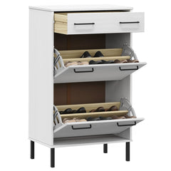 White solid pine wood shoe rack with metal legs, two tilt-out compartments and one drawer.