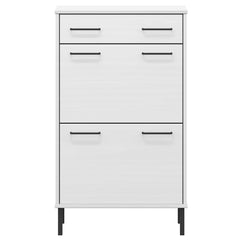 White solid pine wood shoe rack with one drawer, two doors, and metal legs.