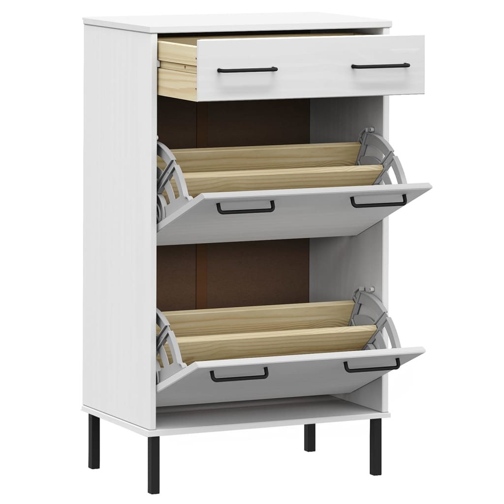 White solid pine wood shoe rack with metal legs, open doors, drawer, and shoe shelves.