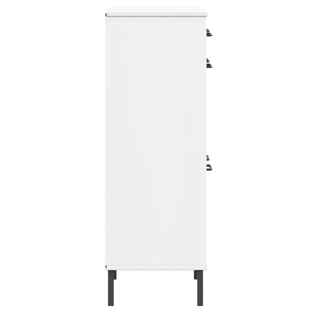 White solid pine wood shoe rack with metal legs, one drawer, and two doors.
