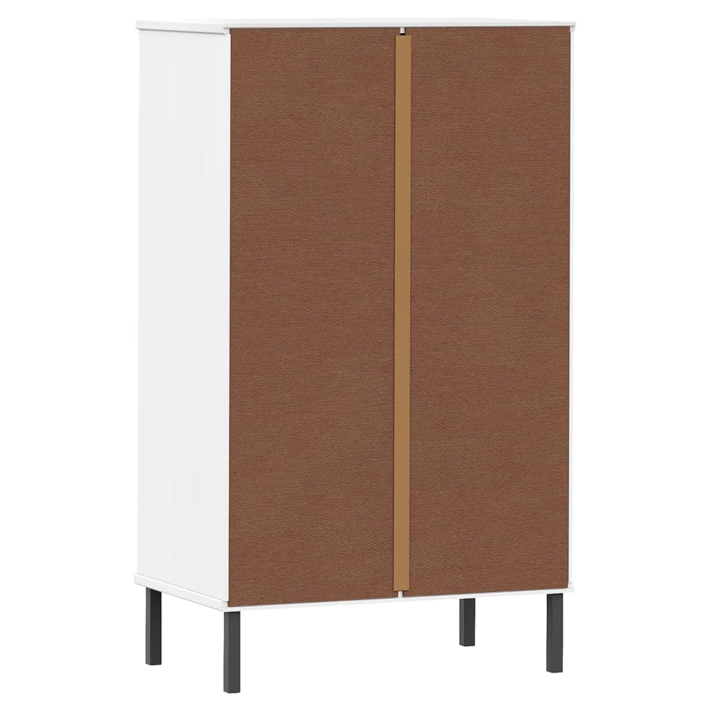 White solid pine wood shoe rack with brown doors, metal legs, drawer, and wall-mount option.