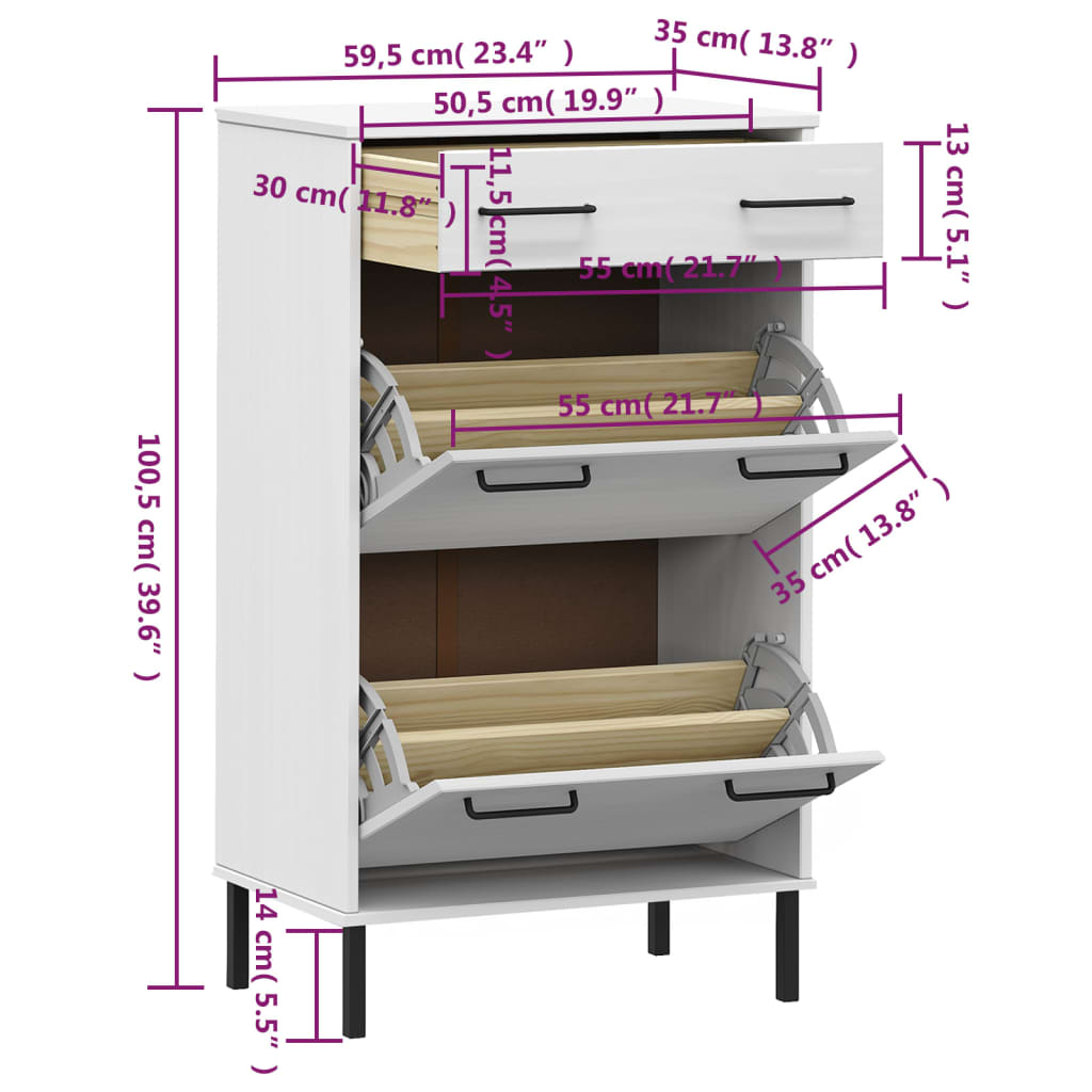 White pine wood shoe rack with metal legs, drawer, two doors, and dimensions shown.
