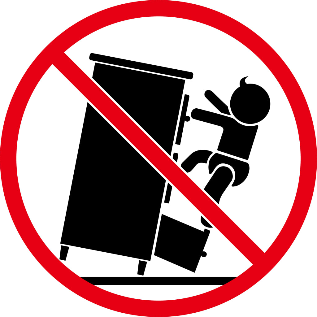 Warning sign showing a child tipping over a cabinet with drawers falling out.
