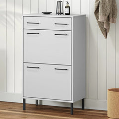 White solid pine wood shoe rack with metal legs, one drawer, two doors, and open top shelf.