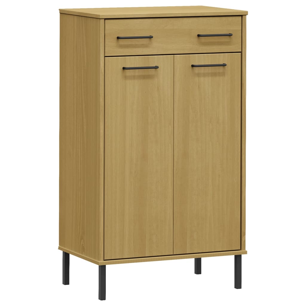 Brown solid pine wood shoe rack with one drawer, two doors, and metal legs.