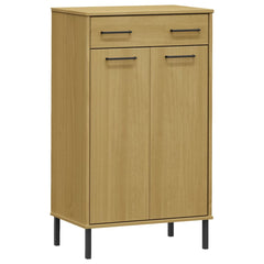 Brown solid pine wood shoe rack with one drawer, two doors, and metal legs.