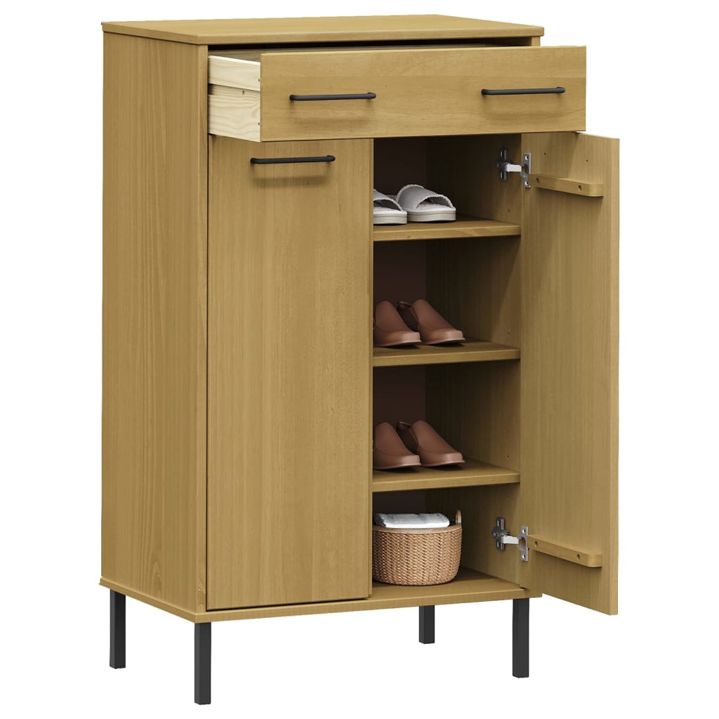 Brown solid pine wood shoe rack with metal legs, one drawer, and two doors open showing shoes.