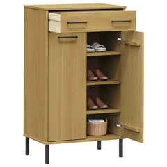 Brown solid pine wood shoe rack with metal legs, one drawer, and two doors open showing shoes.