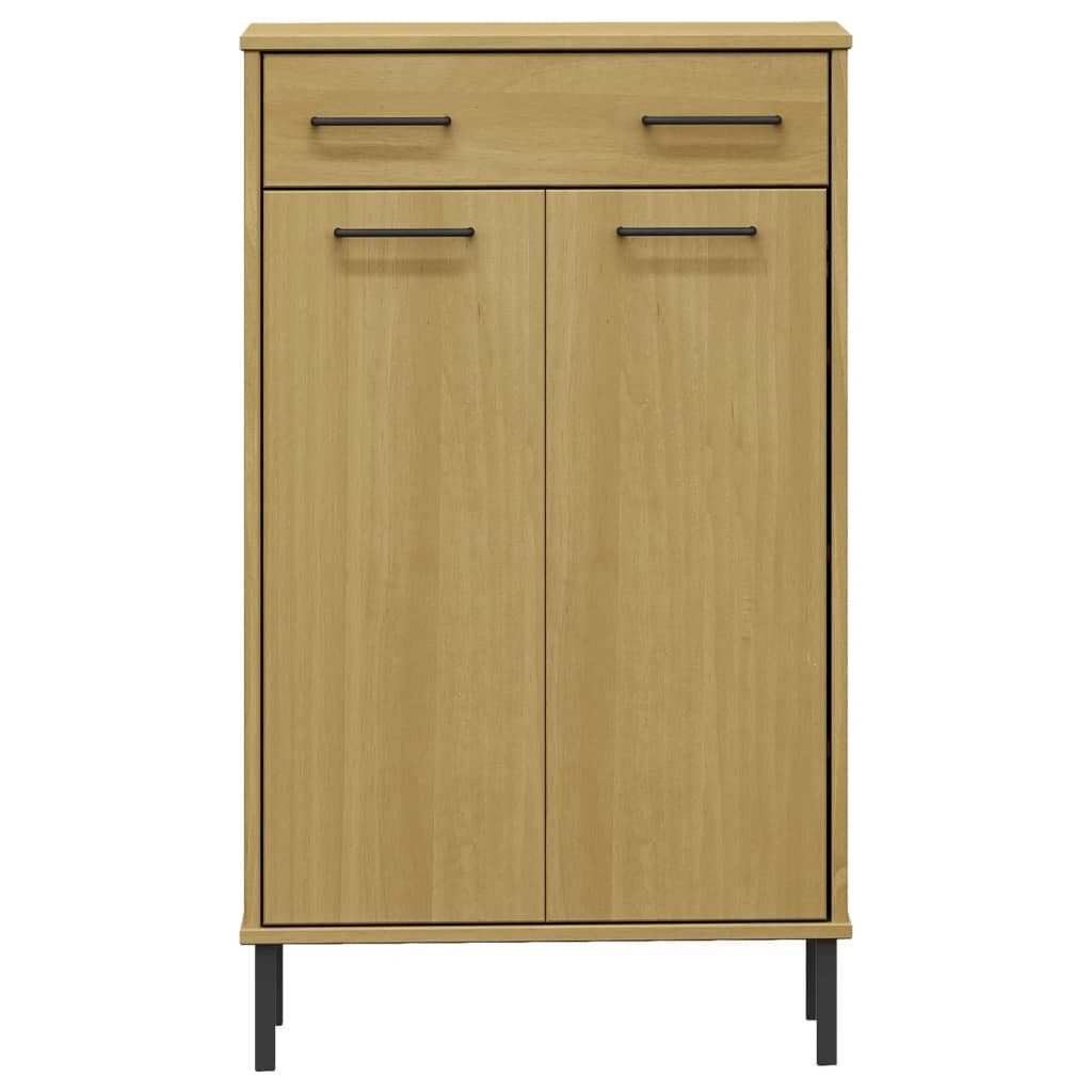 Brown solid pine wood shoe rack with one drawer, two doors, and metal legs.