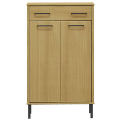 Brown solid pine wood shoe rack with one drawer, two doors, and metal legs.