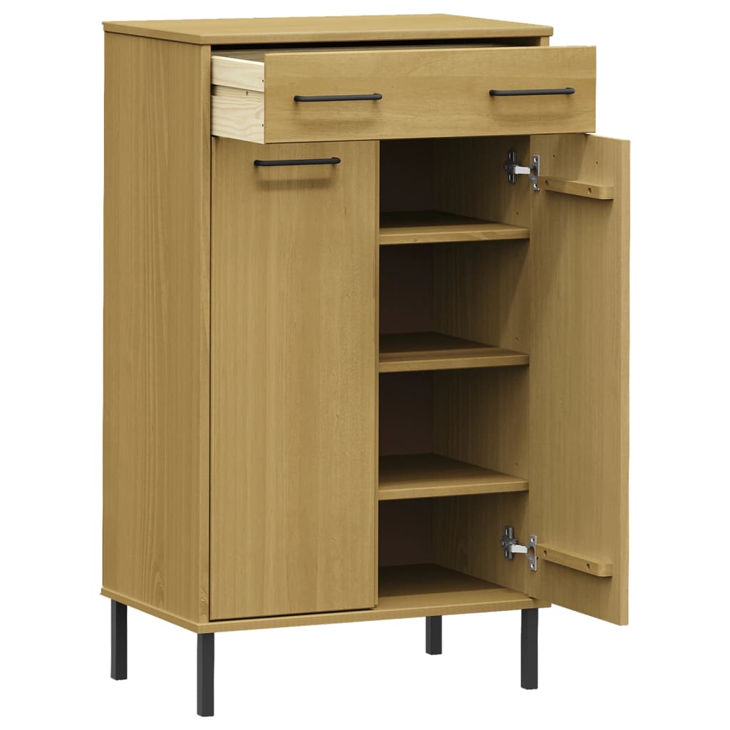 Brown solid pine wood shoe rack with metal legs, featuring one drawer and two doors.