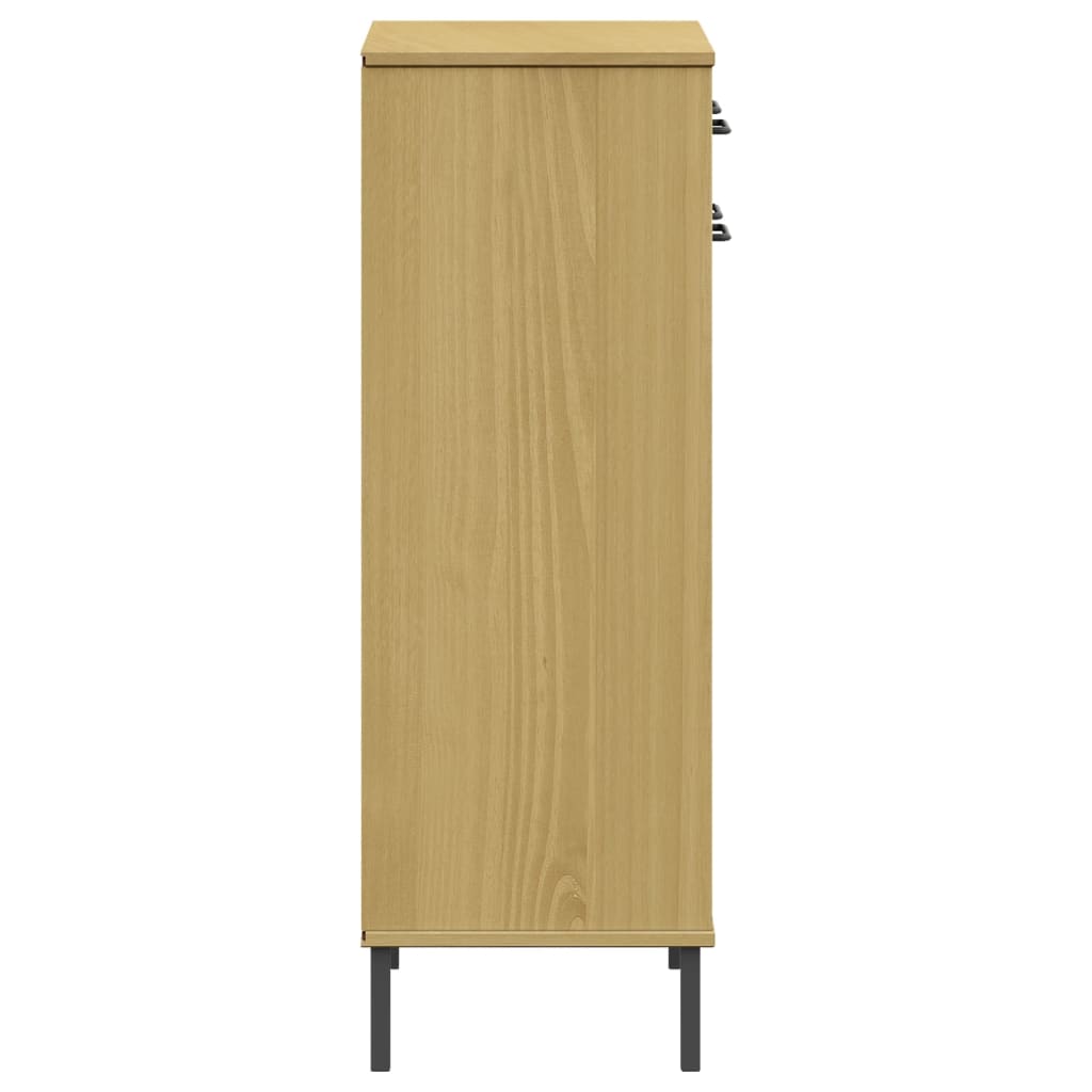 Side view of a brown solid pine wood shoe rack with metal legs and a flat top surface.