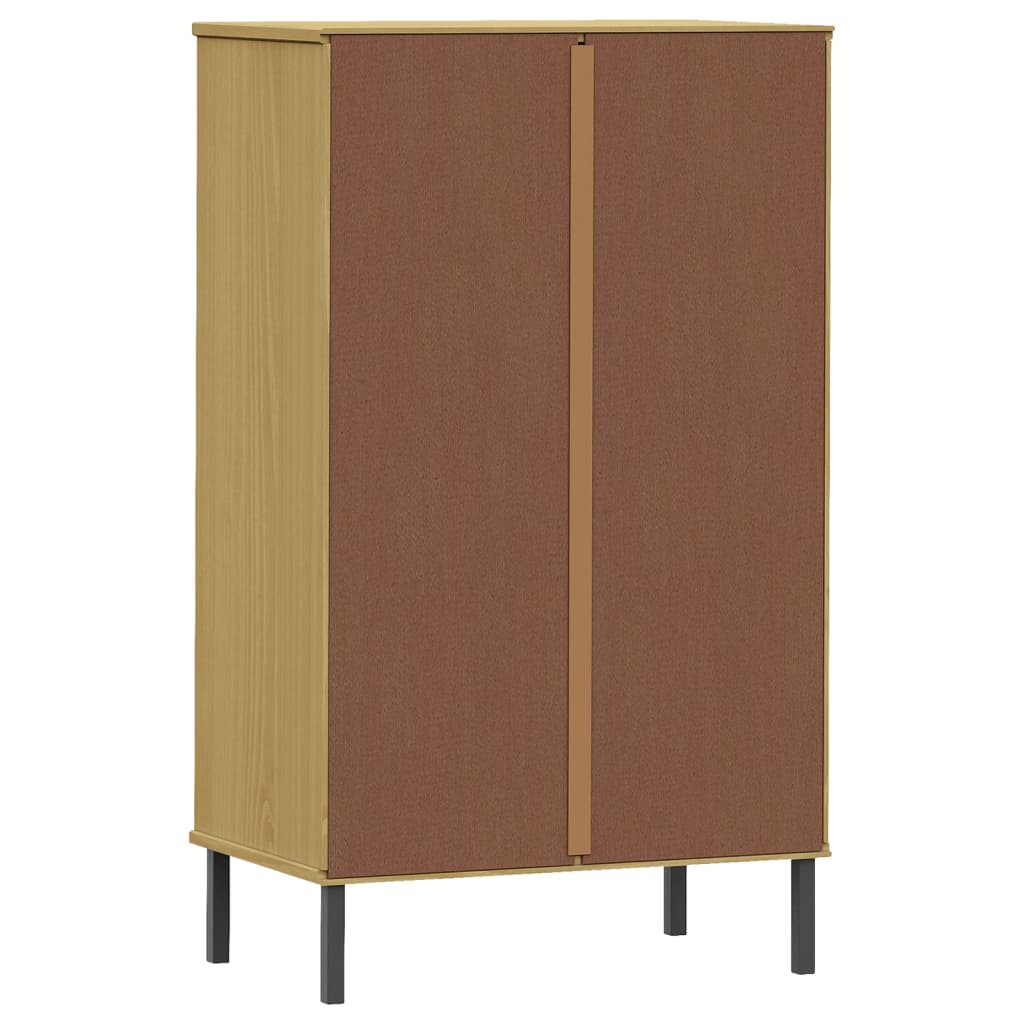 Brown solid pine wood shoe rack with metal legs, featuring 1 drawer and 2 doors.