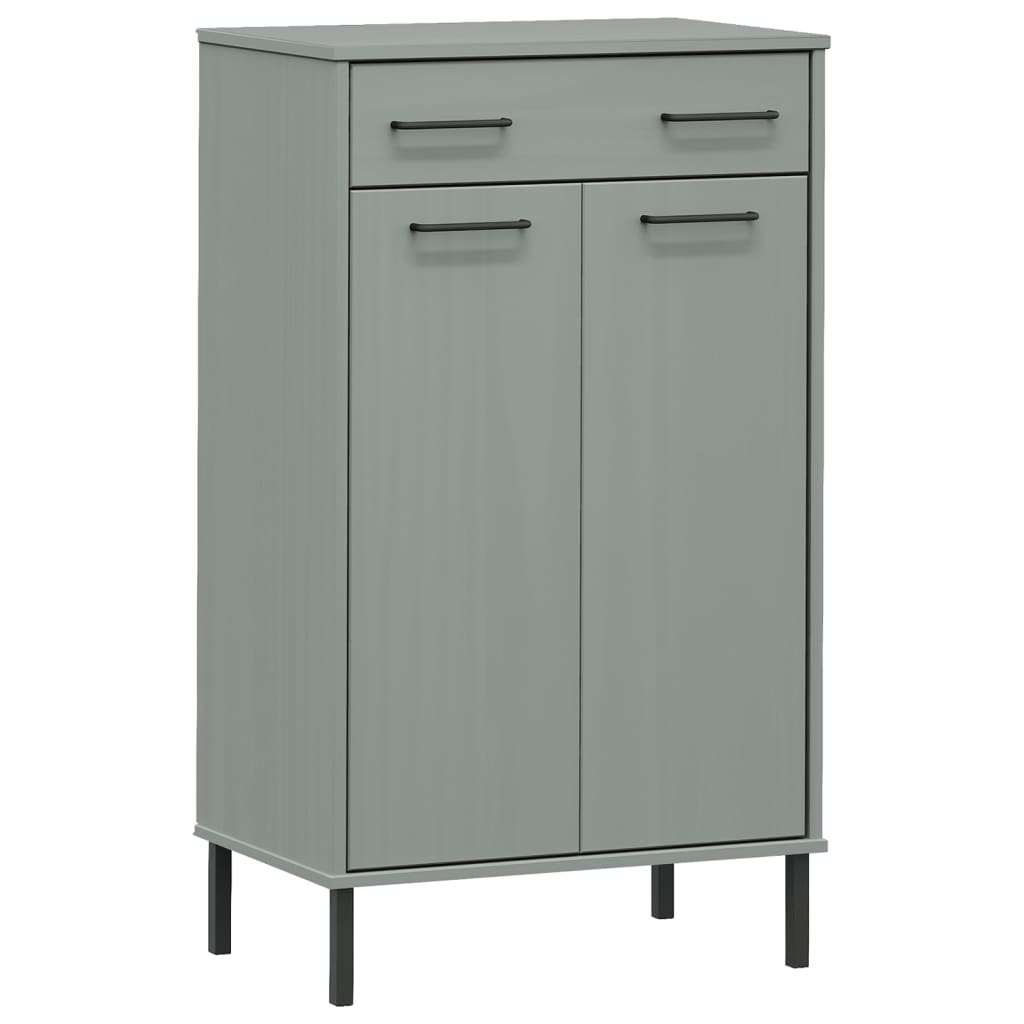 Gray solid pine wood shoe rack with metal legs, one drawer, and two doors.