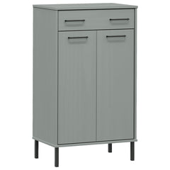 Gray solid pine wood shoe rack with metal legs, one drawer, and two doors.