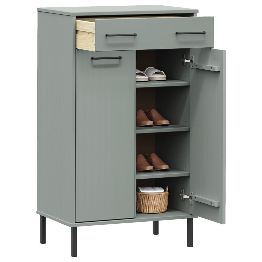 Gray solid pine wood shoe rack with open drawer, two doors revealing shelves for shoes, and metal legs.