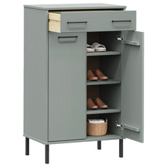 Gray solid pine wood shoe rack with open drawer, two doors revealing shelves for shoes, and metal legs.