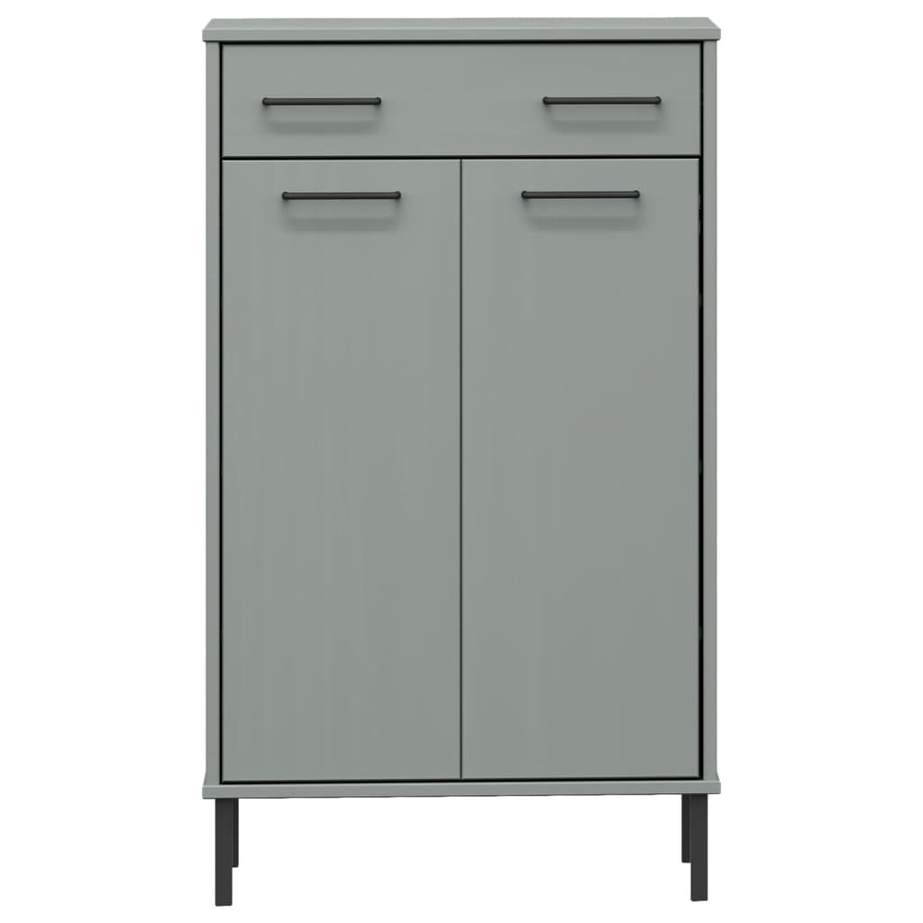 Gray solid pine wood shoe rack with drawer, two doors, and metal legs.