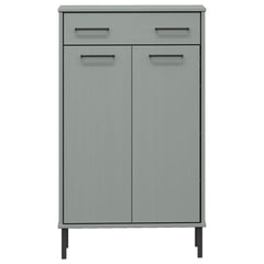 Gray solid pine wood shoe rack with drawer, two doors, and metal legs.