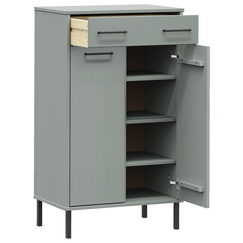 Gray pine wood shoe rack with metal legs, one drawer, and two doors open showing shelves.