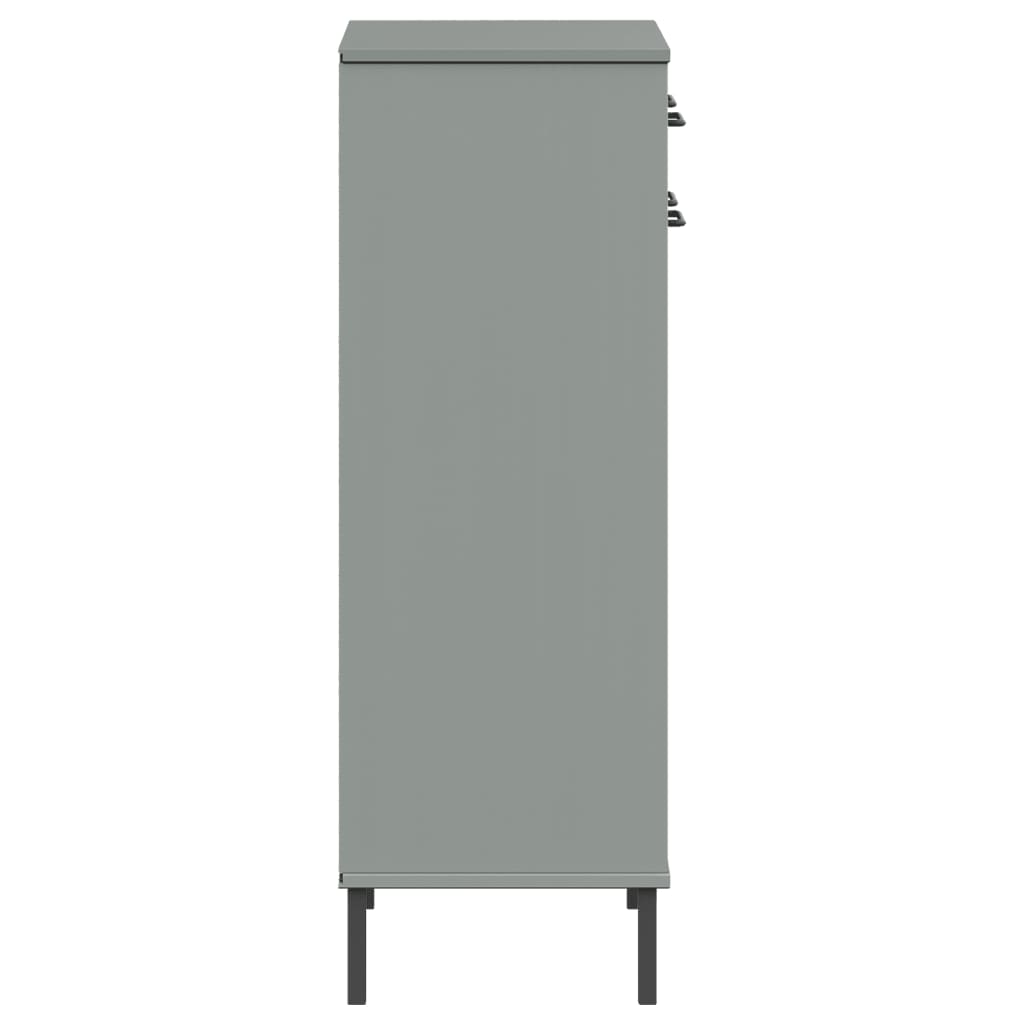 Gray solid pine wood shoe rack with metal legs, featuring a drawer and two doors.